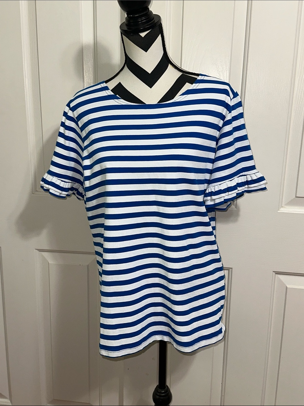 Stewart Simmons Blue & White Striped Ruffle-Sleeve Top